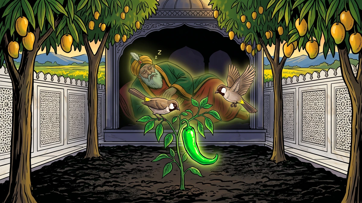 Princess Pepperina with the emerald-green pepper plant beside the sleeping Jinn in a Punjabi walled garden — ACK style