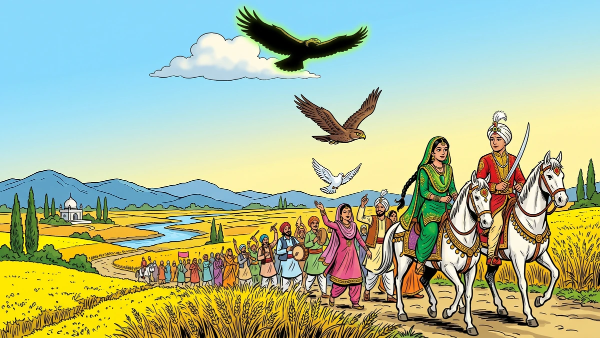 The Jinn transforming into dove, hawk, and eagle above Princess Pepperina's wedding journey — ACK style