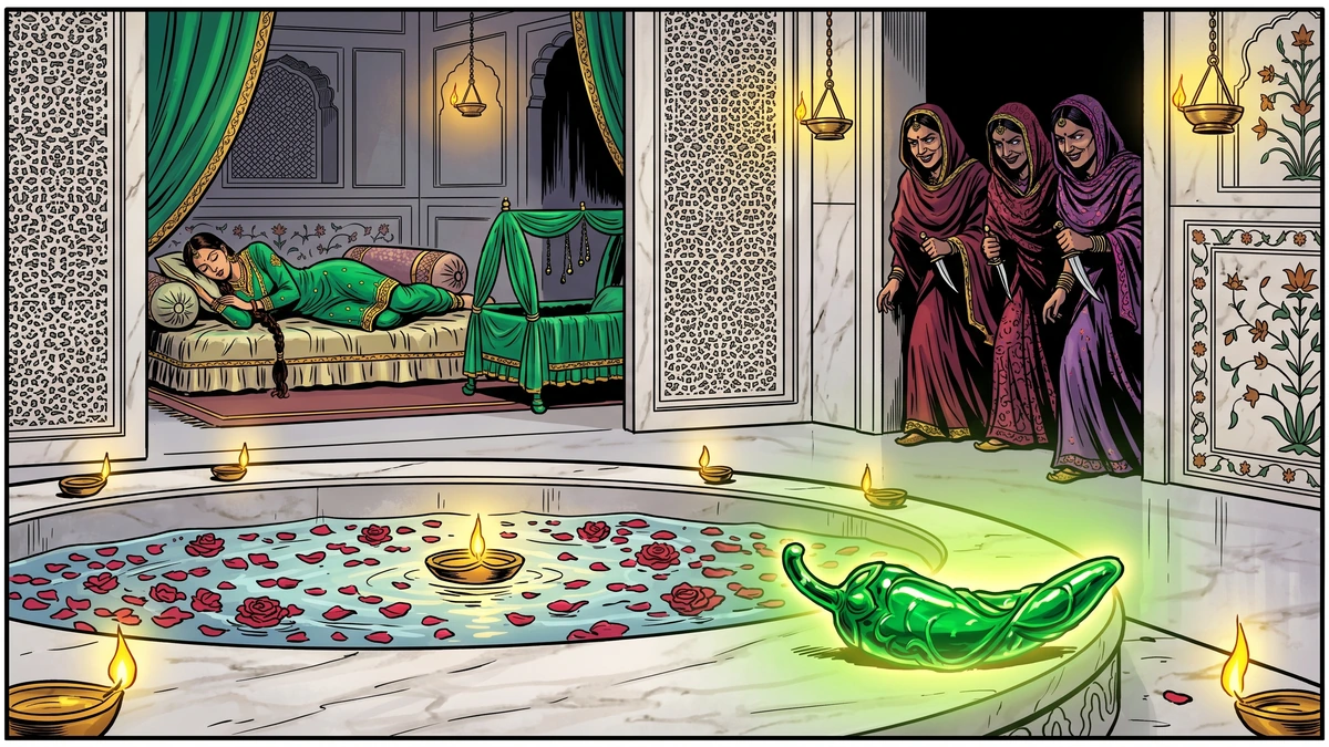 Princess Pepperina's emerald talisman left on the rim of the bathing pool — the moral pivot, ACK style