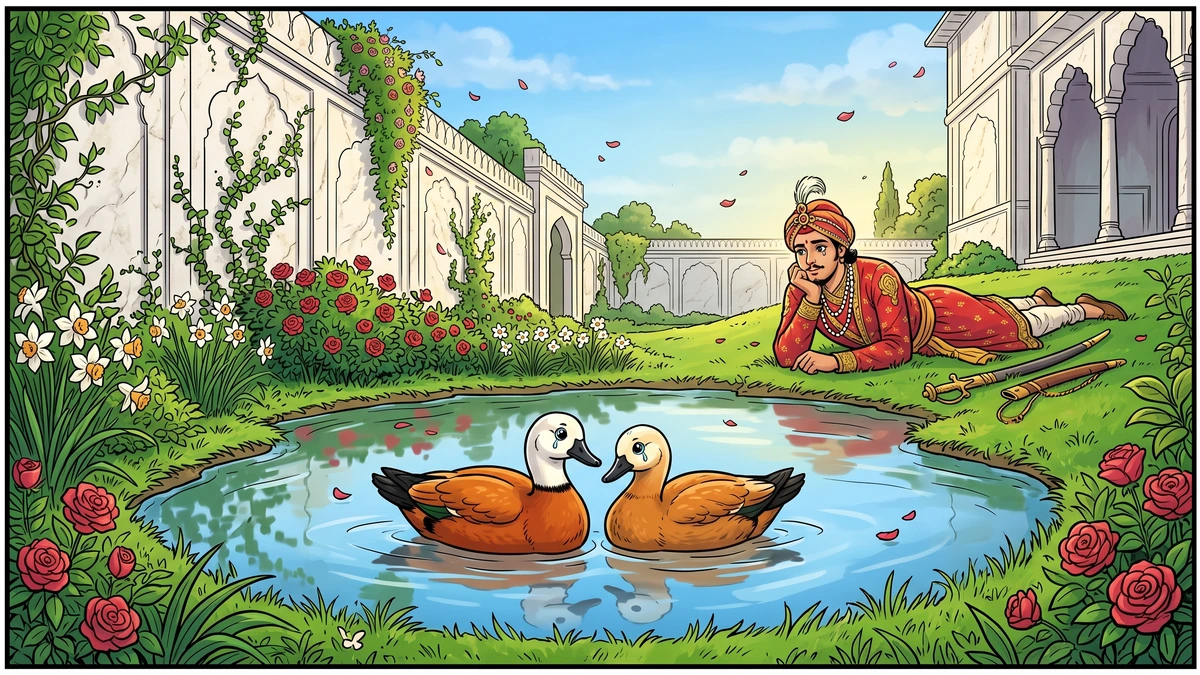 The two sheldrakes (chakwa-chakwi) mourning on the pools inside the white marble wall — ACK style