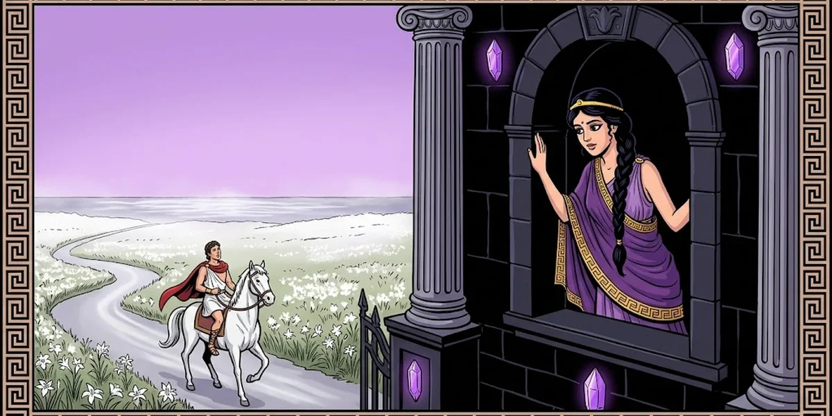 Calandra at the Underworld window in amethyst peplos with Prince Orestes on white horse below; Rain of Tears Greek mythological fiction P-37 cover ACK style.