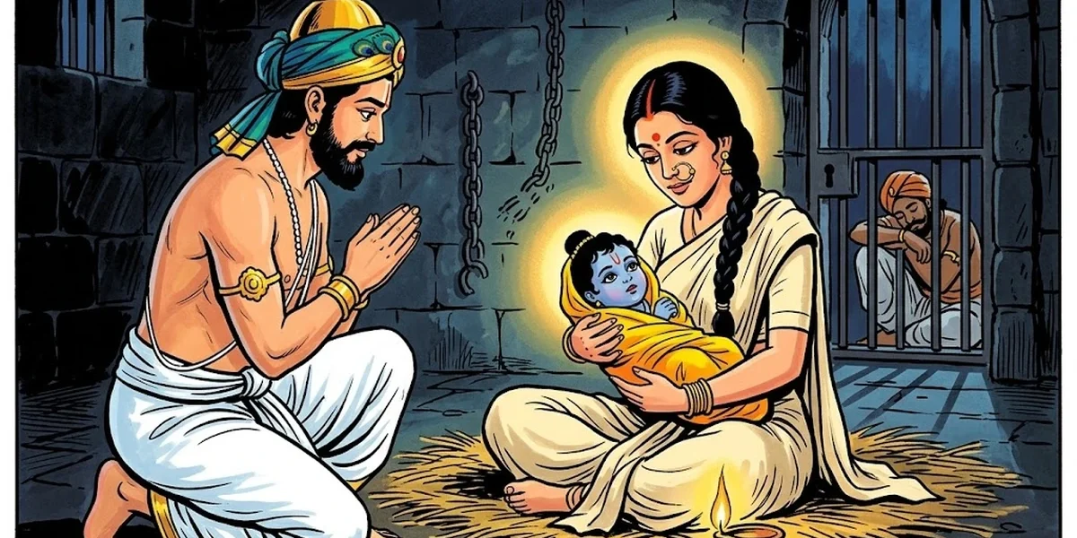 Vasudeva and Devaki with newborn Krishna in Mathura prison cell at midnight