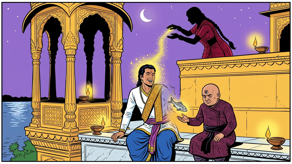 Matni the enchantress dropping yellow powder onto the prince on the river-balcony