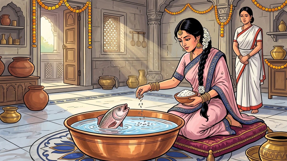 Childless Rani feeding boiled rice to the silver rohu carp prince in a copper basin