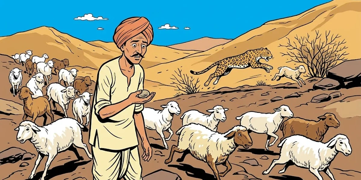 The Foolish Weaver — village shepherd on a Punjab hillside as a leopard attacks the flock