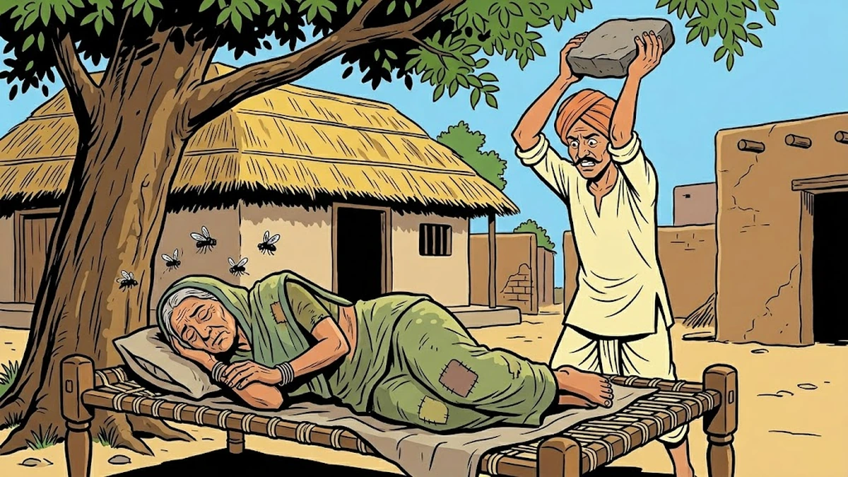 Weaver lifting a stone over the sleeping old woman to drive flies