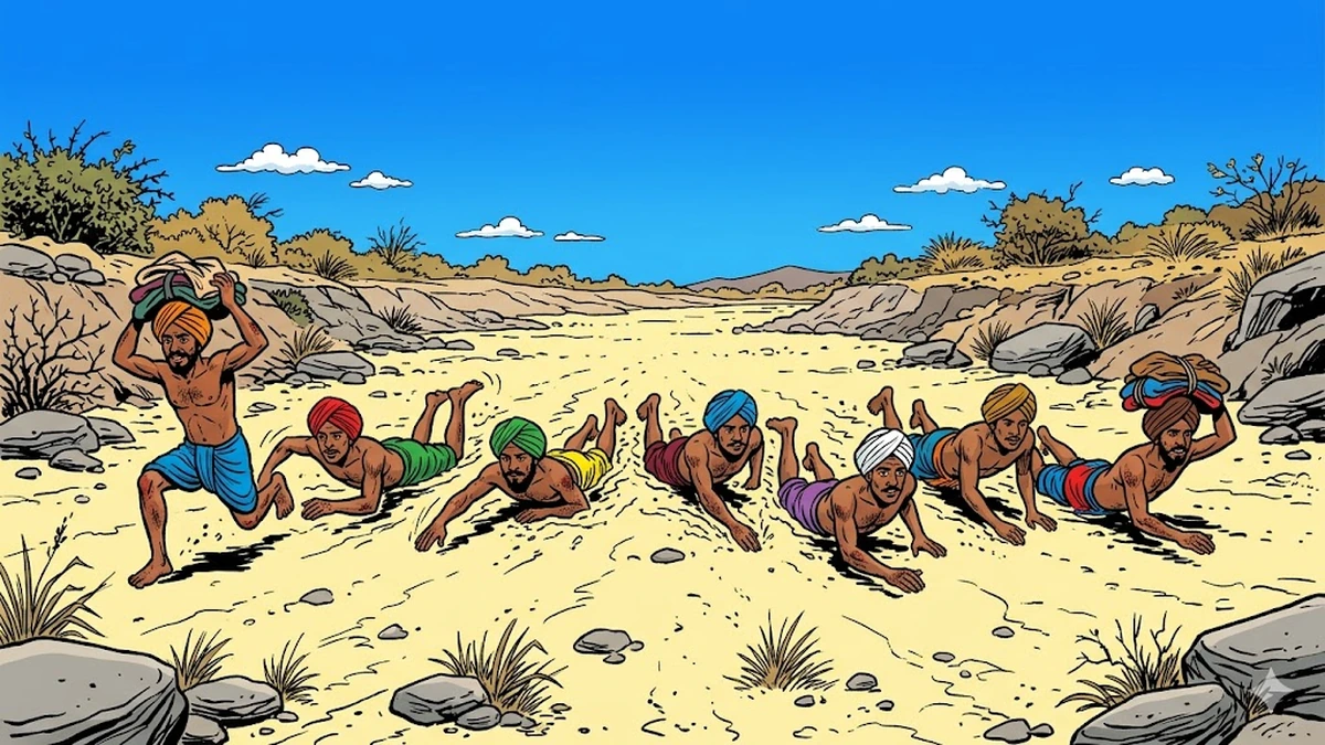 Seven weavers swimming through a dry ravine