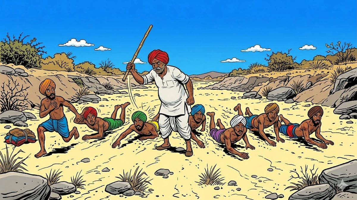 Farmer beating each of the seven weavers with a stick to count them