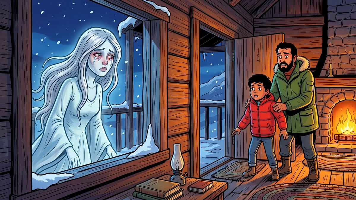 Pale silver-haired banshee with weeping red eyes appears at the cottage window while Rohan and father stand startled inside by the fireplace