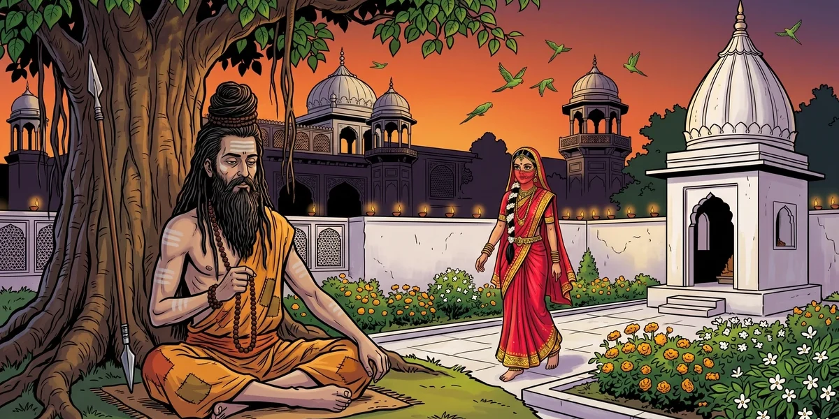 The Jogis Punishment cover - Punjabi jogi under pipal tree at dusk, princess approaching, white shrine and Mughal palace, Amar Chitra Katha style