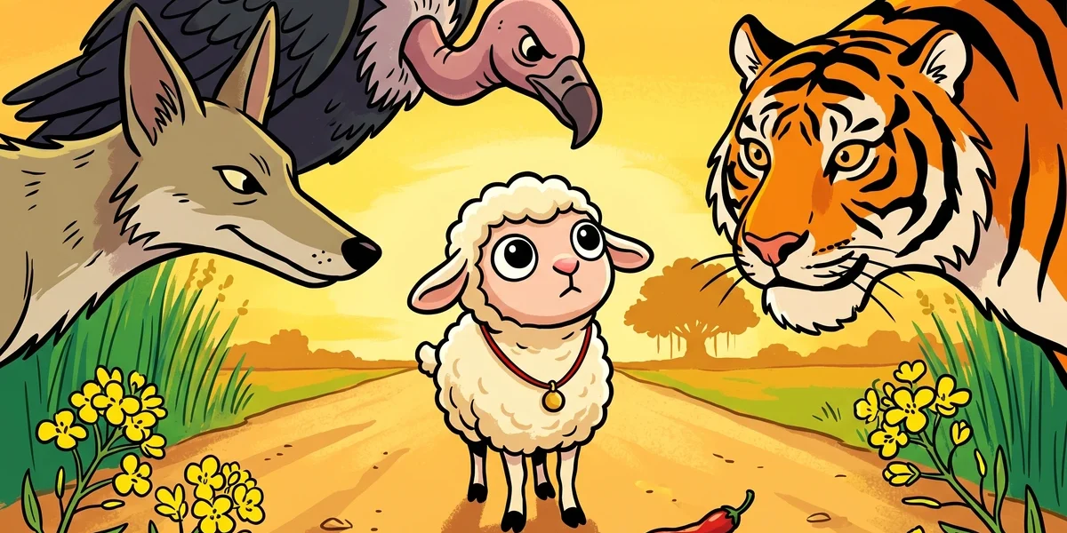 The Lambikin cover - tiny lamb facing predators jackal vulture and tiger on a Punjabi village dust road, Amar Chitra Katha style folk tale illustration from Tales of the Punjab 1894