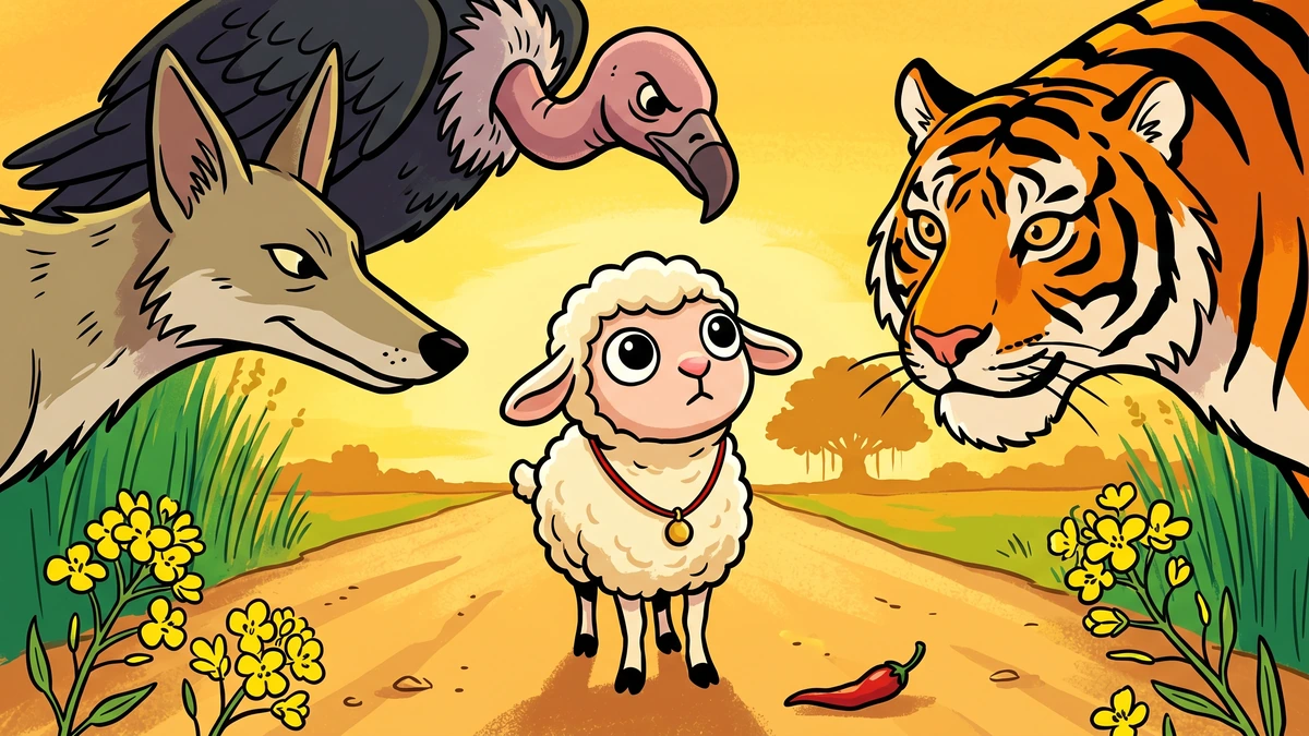 The Lambikin cover - tiny lamb facing predators jackal vulture and tiger on a Punjabi village dust road, Amar Chitra Katha style folk tale illustration from Tales of the Punjab 1894