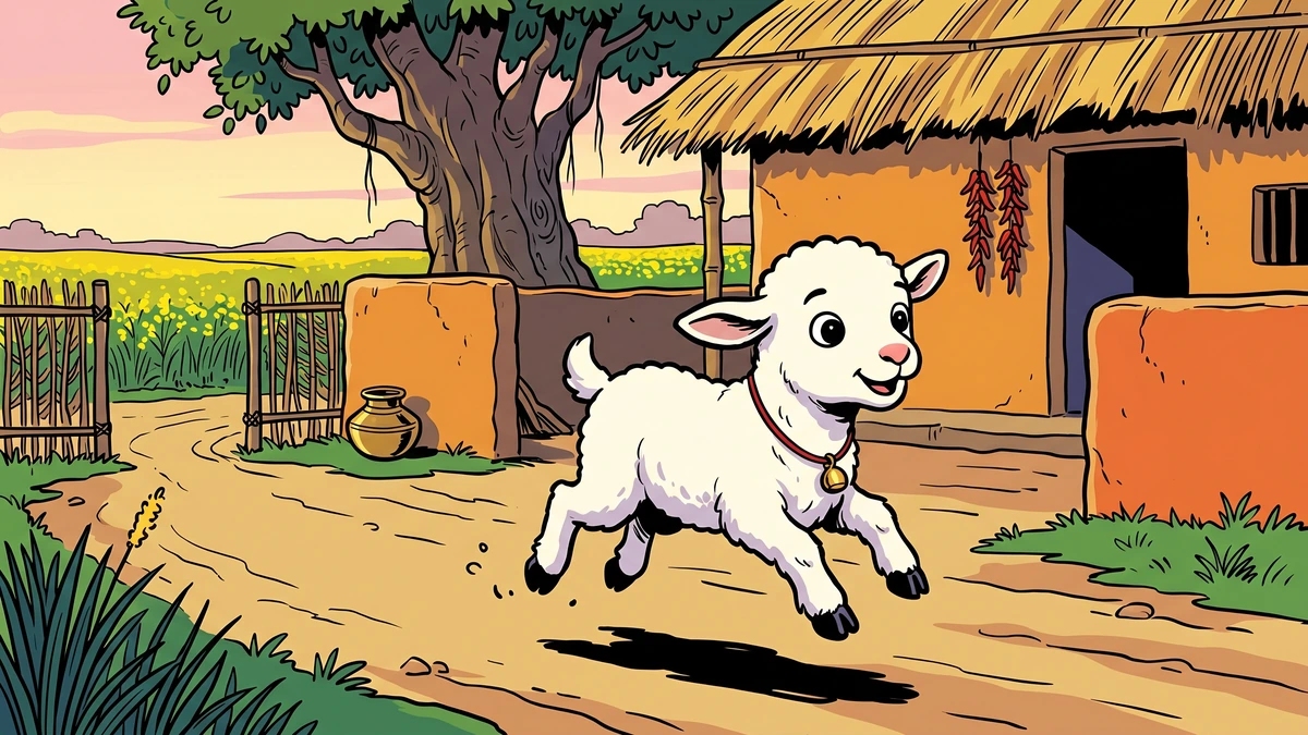 Lambikin frolicking joyfully down Punjabi village dust road at golden dawn, ACK style illustration of Steel and Temple Punjabi folk tale