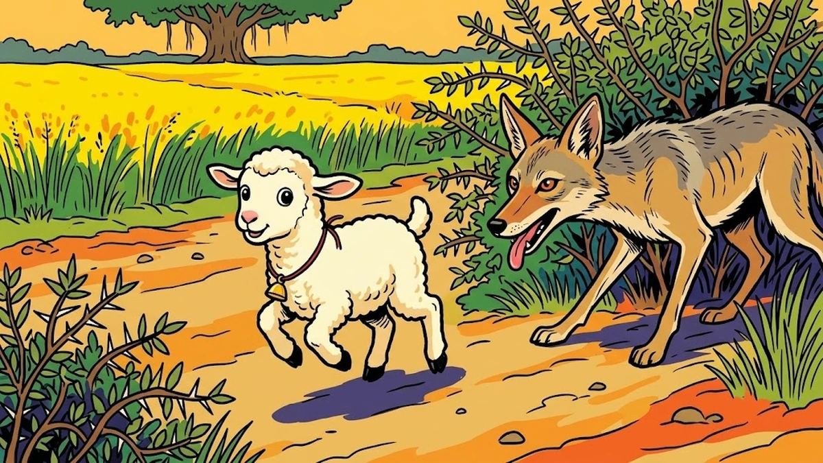Lean Punjabi jackal stalking the wee Lambikin from behind kikar acacia bushes, ACK style scene from Tales of the Punjab 1894