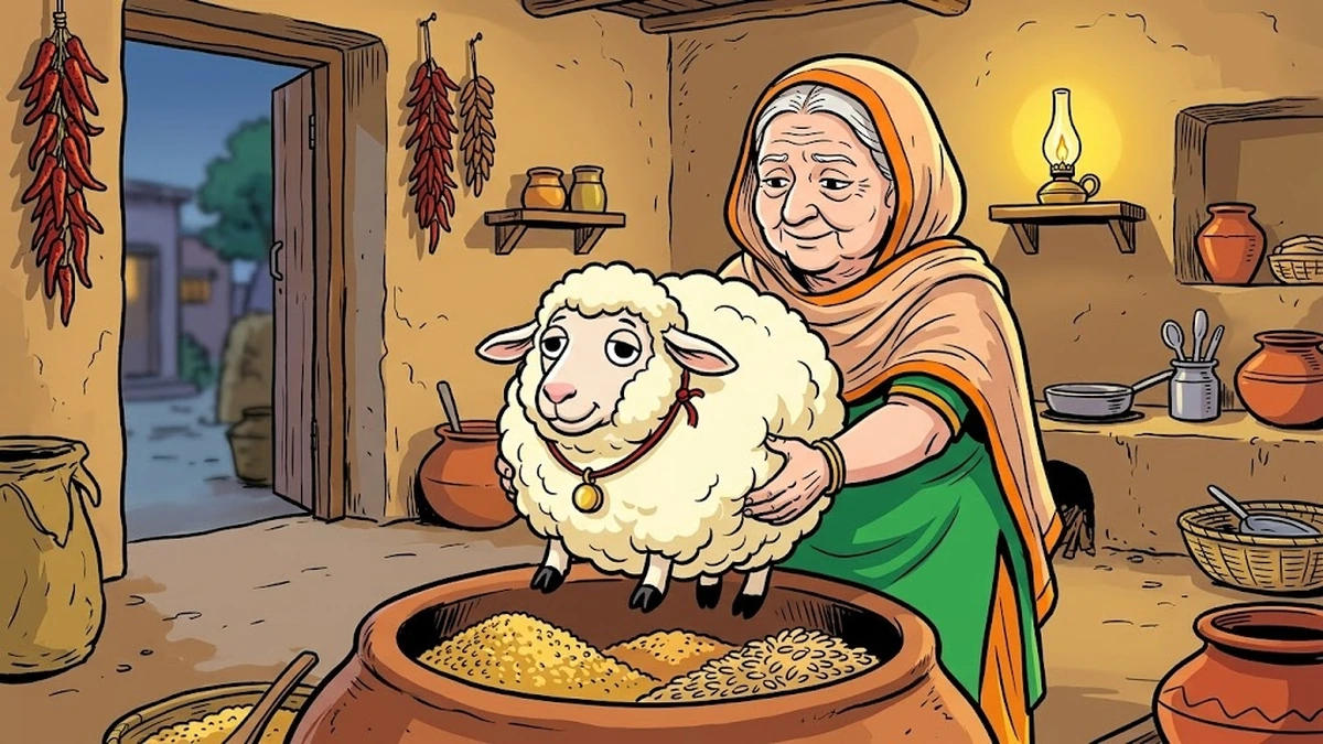 Granny ewe in saffron dupatta lifting fattened Lambikin from the corn-bin in a mud-walled Punjabi kitchen, ACK style