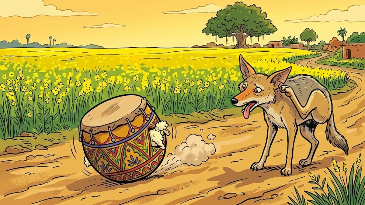 Painted ochre drumikin trundling down dust road past baffled jackal with lambikin hidden inside, ACK style climactic scene