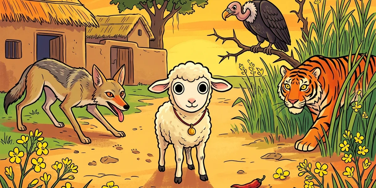 The Lambikin cover - tiny wee-wee lamb on Punjabi village dust road, jackal, vulture, and Bengal tiger looming in background, Amar Chitra Katha style folk tale illustration from Tales of the Punjab 1894