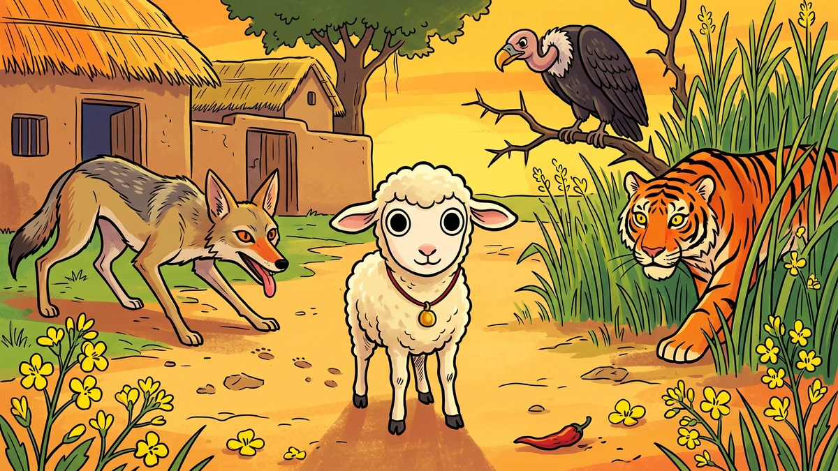 The Lambikin cover - tiny white wee-wee lamb on a Punjabi dust road, jackal vulture and tiger looming behind, ACK style folk tale illustration from Tales of the Punjab 1894