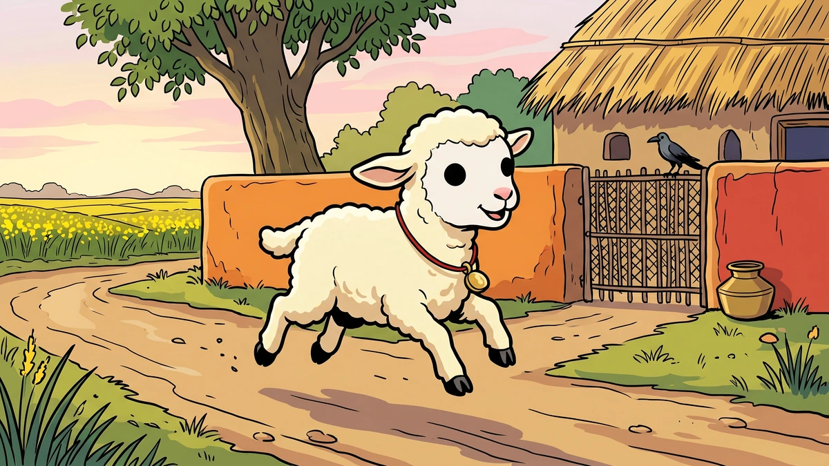 Tiny white lambikin frolicking down a Punjabi village dust road at dawn, mid-leap, mustard fields behind, ACK style illustration