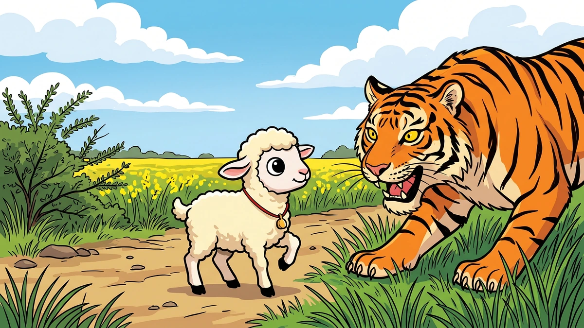 Bengal tiger crouching low among emerald grass, eyeing the tiny lambikin who frisks fearlessly on the dust road, ACK style