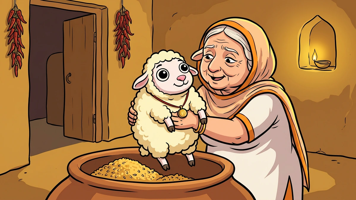 Granny ewe in saffron dupatta lifting a comically round fattened lambikin from a clay corn-bin in a Punjabi mud-walled kitchen, strings of red chillies in doorway, ACK style