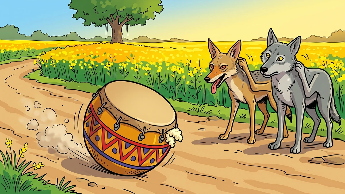 Painted ochre drumikin with red and indigo Punjabi folk patterns rolling down a dust road past a baffled wolf and jackal, mustard fields behind, ACK style
