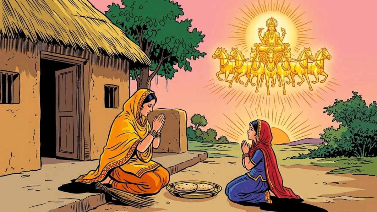 The Mother and the Daughter Who Worshipped the Sun — mother and daughter offer pranam to the rising Sun god Surya at dawn outside their Punjabi village hut.