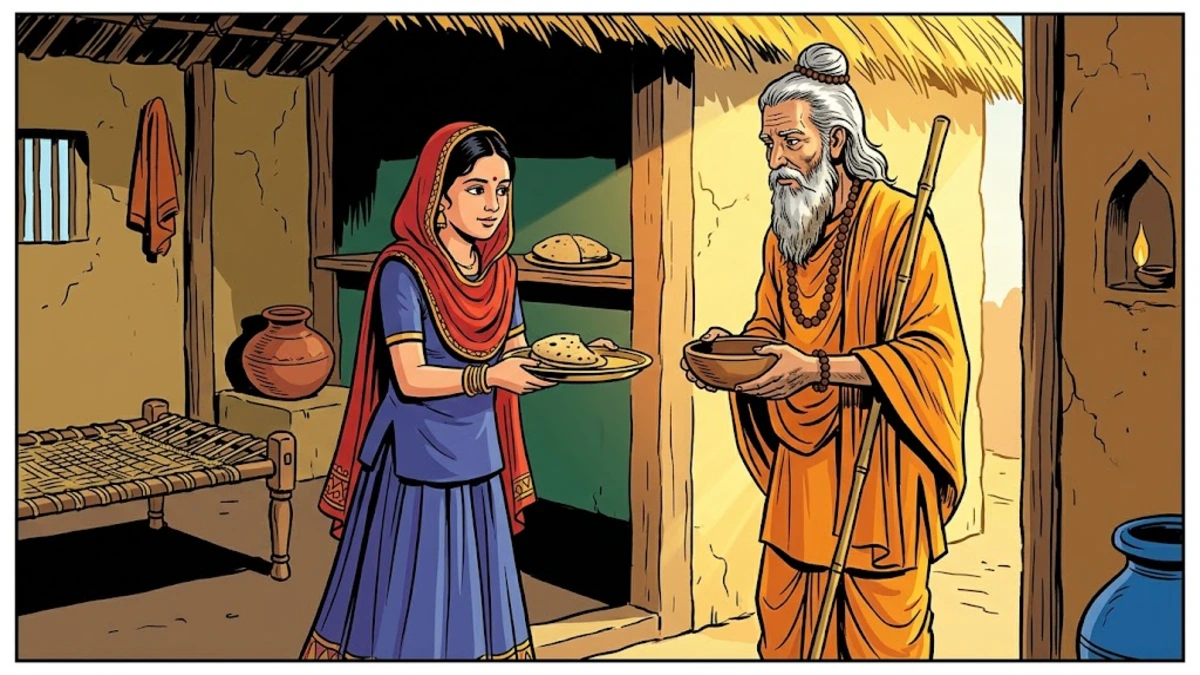 The daughter offers half a meal-cake on a brass plate to a wandering Brahman priest in the doorway of their Punjabi village hut.