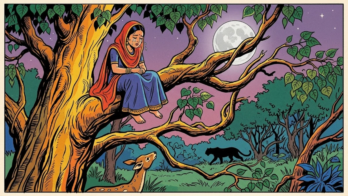The banished daughter weeps on a bough of an ancient peepal tree by moonlight, a leopard prowling in the kikar bushes below.