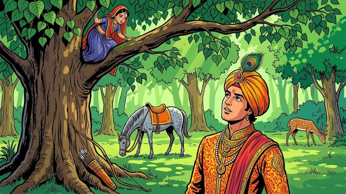 A Punjabi prince in a saffron turban with peacock-feather kalgi looks up into the peepal tree where the daughter hides among the heart-shaped leaves.