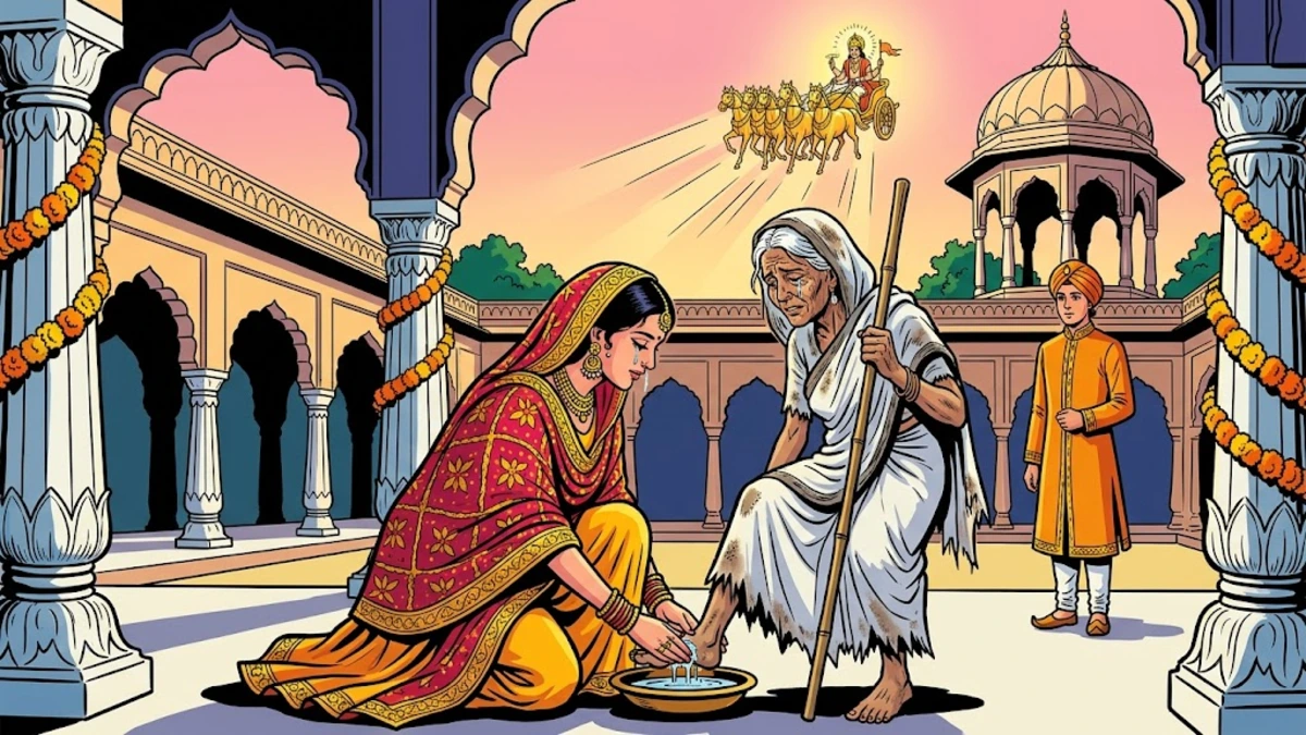 Reunited at the palace courtyard at dawn, the daughter (now a princess in crimson phulkari) washes the dust-cracked feet of her elderly mother as the Sun god Surya blesses the scene from above.