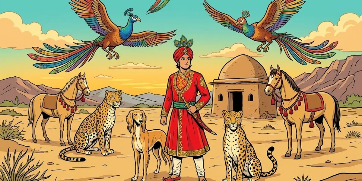 Punjabi prince with magical animal companions including simurgs leopards greyhounds and Baluchi horses ACK style