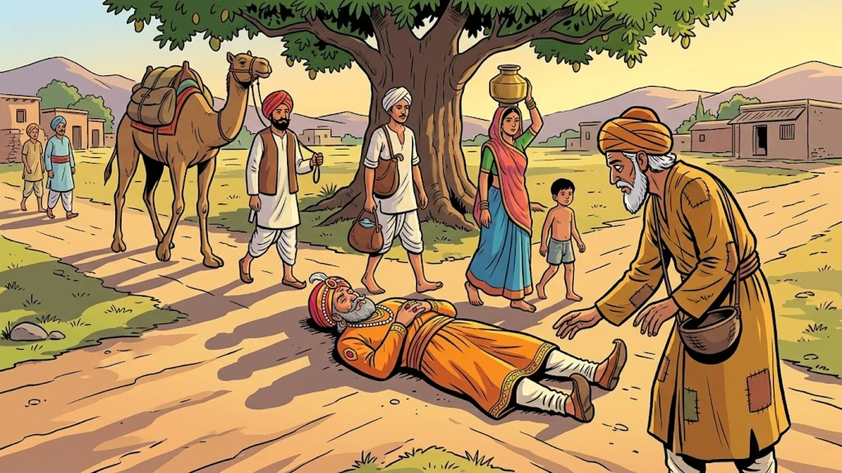 King lying at four-roads crossing while travellers step over him; the fakir bends down to ask his trouble — ACK-style illustration