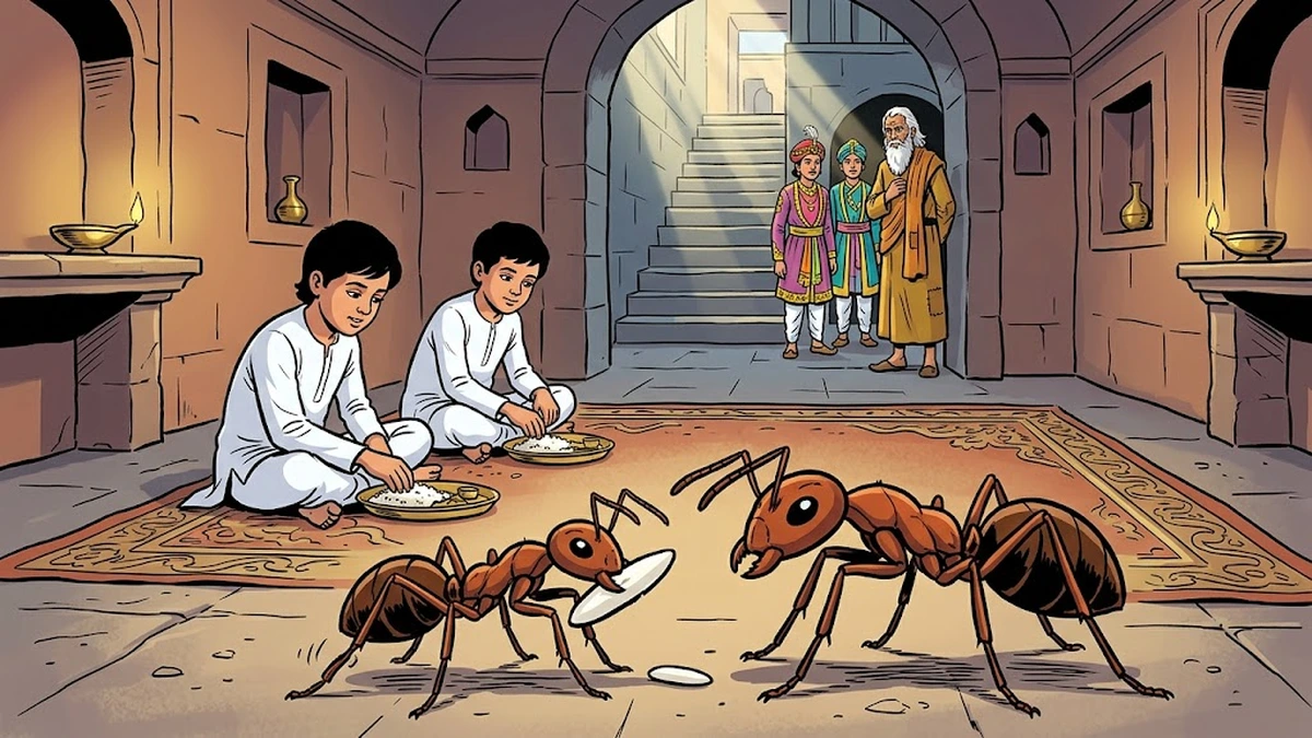 Lame ant pleads with the larger ant over a single grain of rice on the cellar floor while two boy princes eat in the background — ACK-style illustration