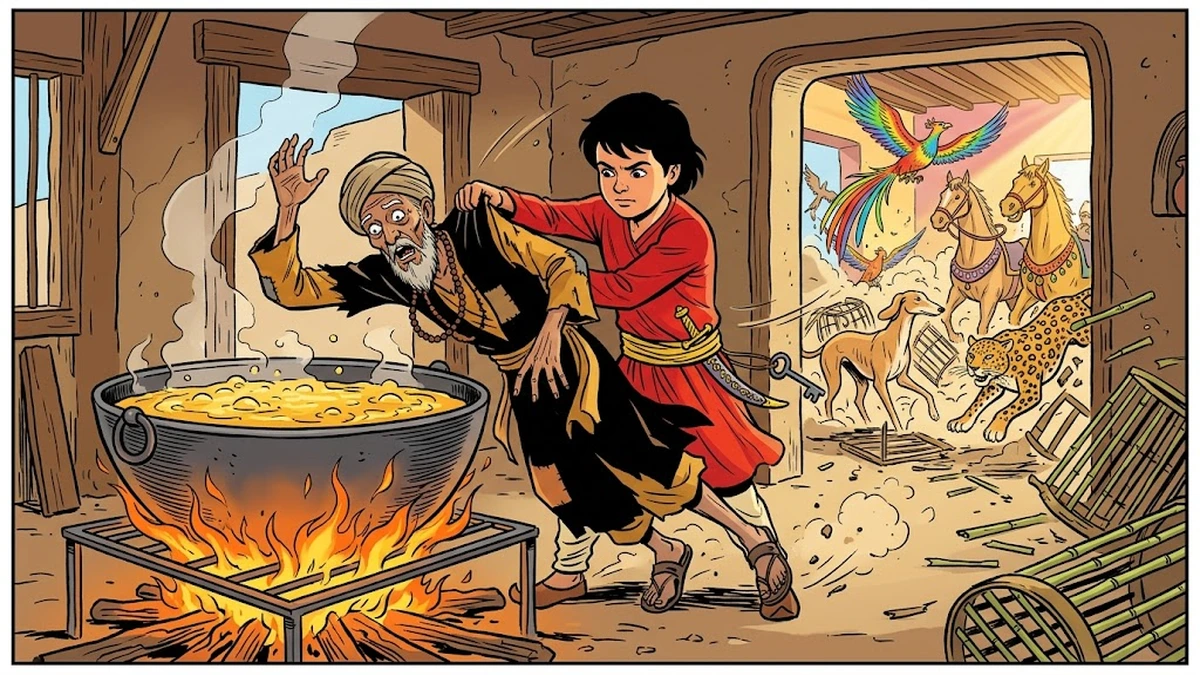 The prince throws the false fakir into the cauldron of boiling oil while the freed simurgs, tigers, hounds and horses flee — ACK-style illustration