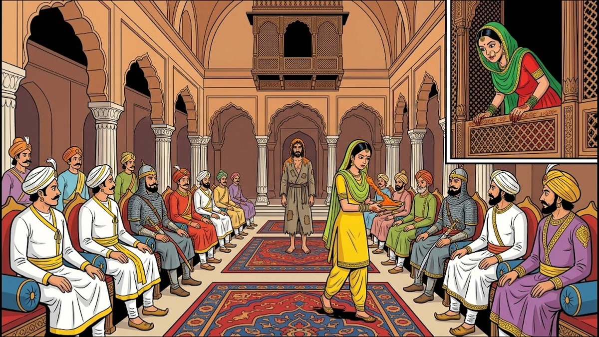 Handmaid sprinkles henna on the prince disguised as a fakir in the diwan-i-aam, the princess watching from the jharoka balcony — ACK-style illustration