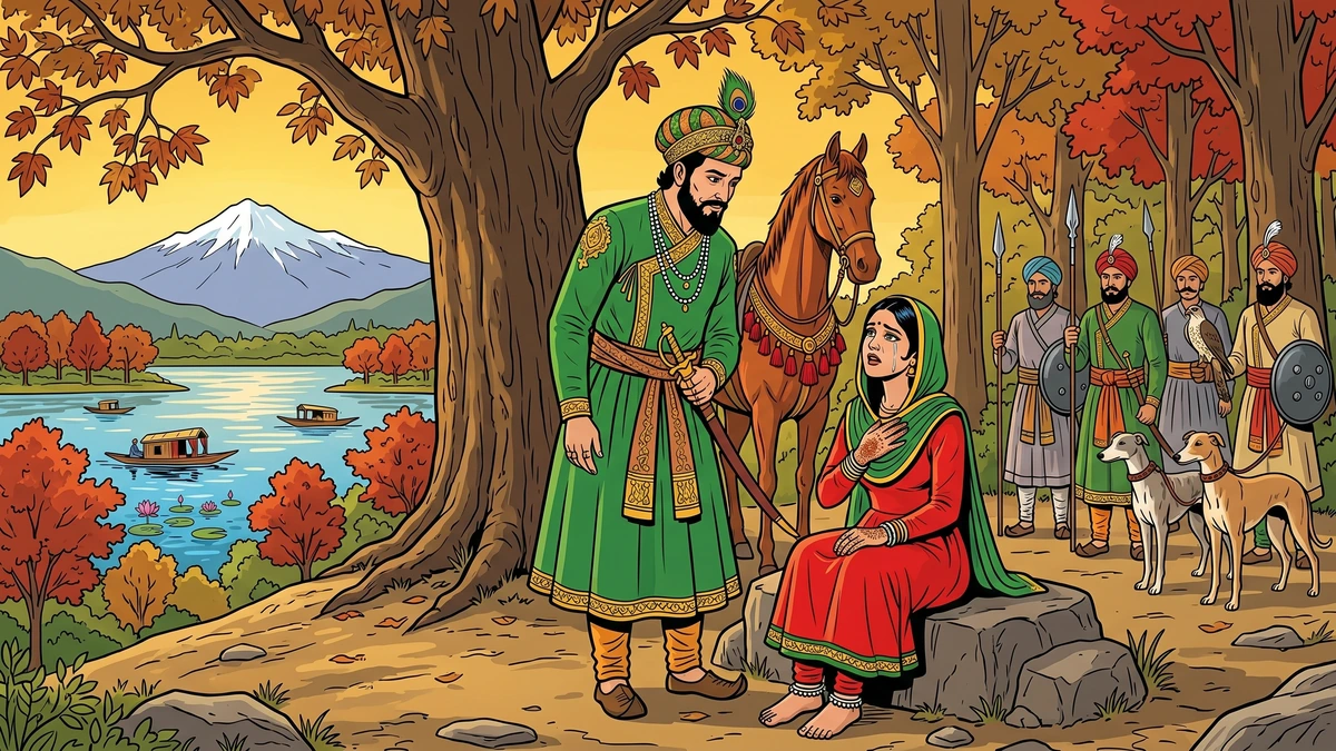 King Ali Mardan finds the weeping maiden under a chenar tree above Dal Lake — Kashmiri folk-tale, J. Hinton Knowles 1888.
