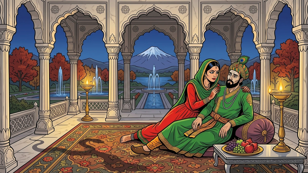 The snake-woman beside Ali Mardan in the marble pavilion of Shalimar Bagh; her shadow is faintly serpent-coiled.