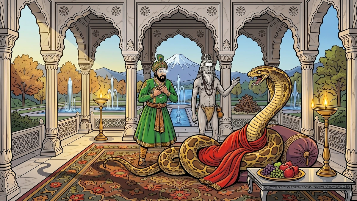 The Jôgi anoints the king's eyes and reveals the snake-woman's true serpent-form before the stricken king — Kashmiri folktale.