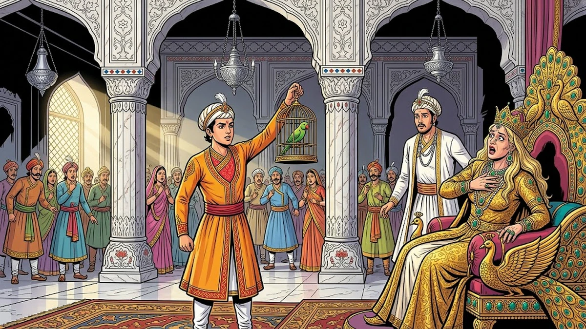 Boy prince shows green parakeet cage to the recoiling witch-queen