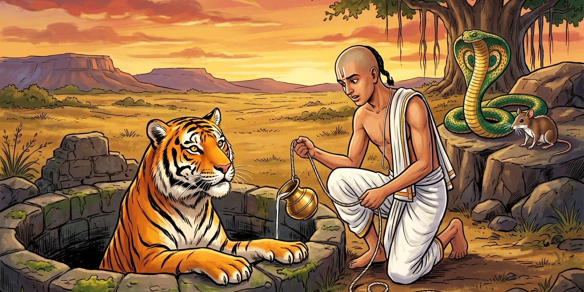 Gangadhara at the well lifting up the Tiger-King
