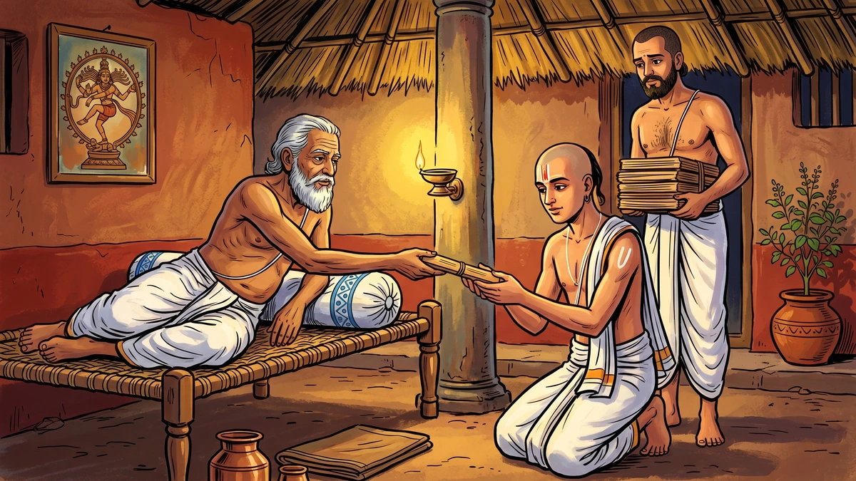 Dying Tamil soothsayer hands Gangadhara the four-line palm-leaf horoscope on his deathbed