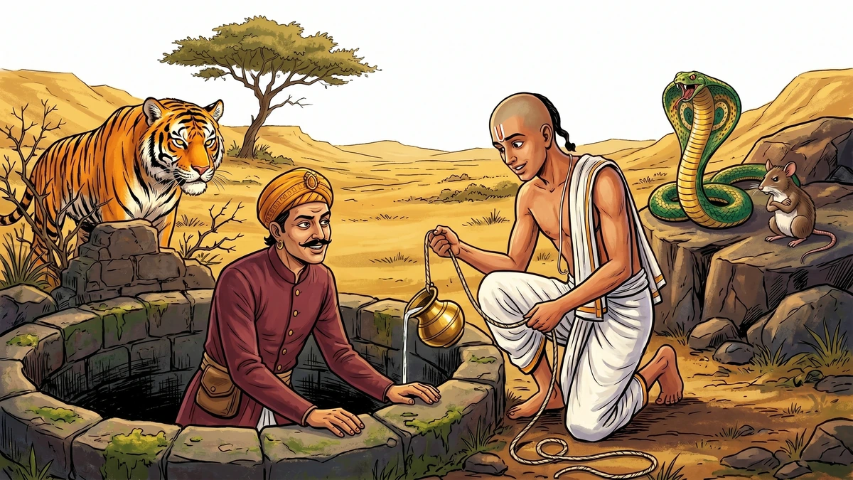 Gangadhara hauls the goldsmith Manikkasari out of the ruined Vindhya well while the tiger, serpent and rat warn against it