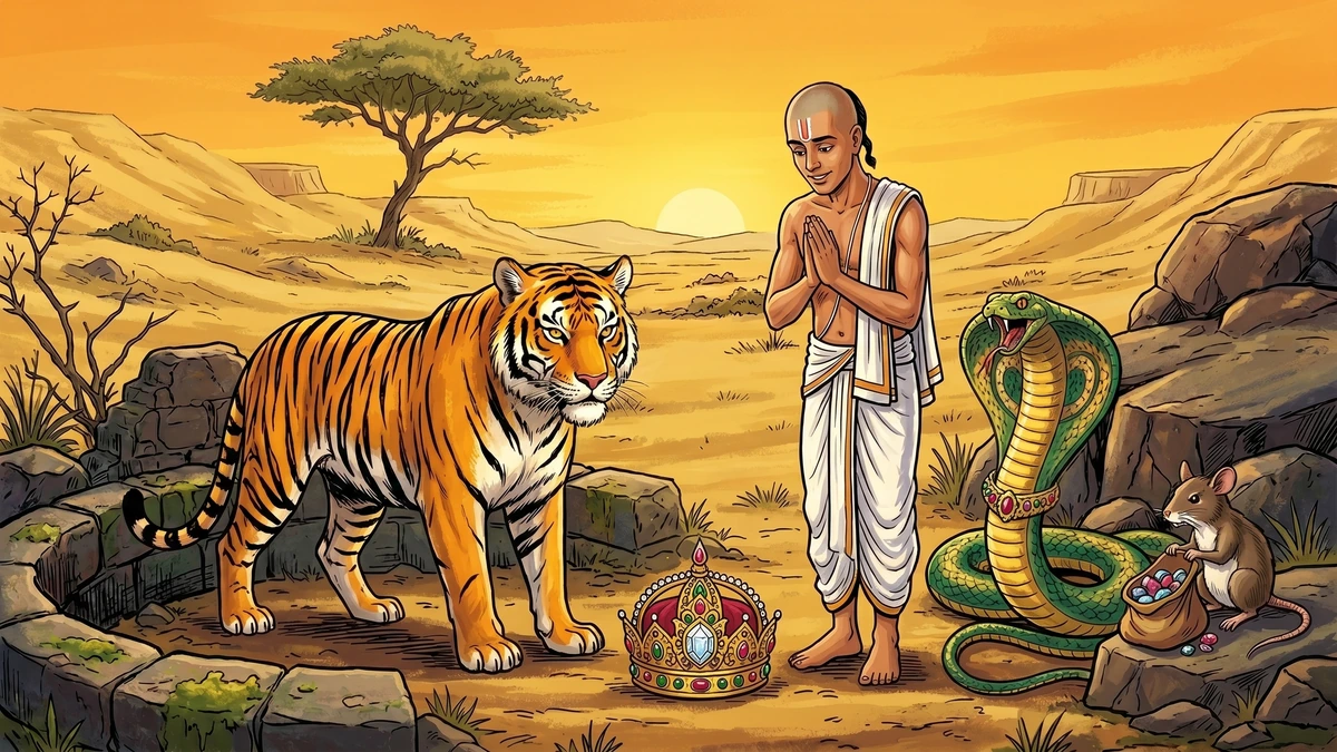 The Tiger-King returns the jewelled royal crown of Ujjain to Gangadhara at the well