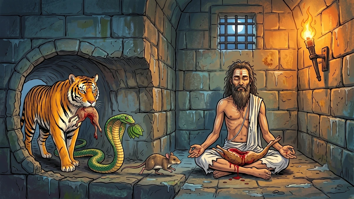 Grateful animals visit Gangadhara in the underground karagriham dungeon of Ujjain