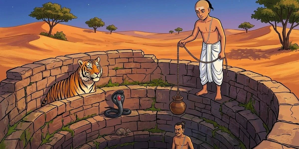 The Soothsayer's Son cover - Tamil brahmin Gangadhara at the ruined desert well of four creatures