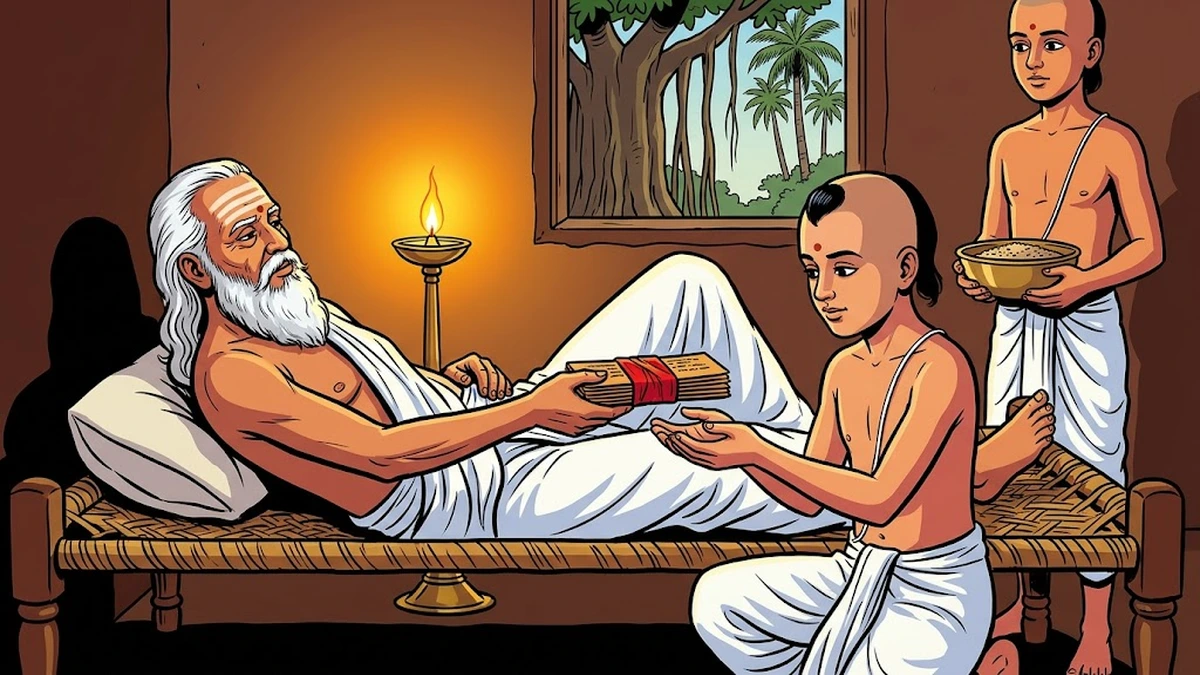 The Soothsayer's deathbed - elderly Tamil brahmin hands palm-leaf horoscope to second son Gangadhara