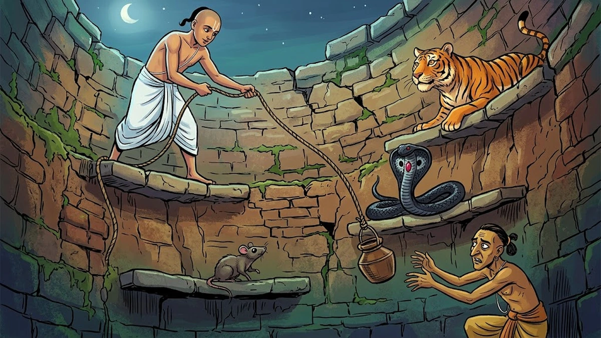 The four creatures at the ruined desert well - tiger, cobra, rat, and goldsmith Manikkasari