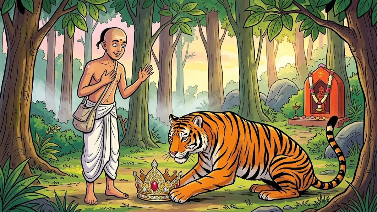 The grateful tiger king returns the diamond crown of Ujjaini to Gangadhara