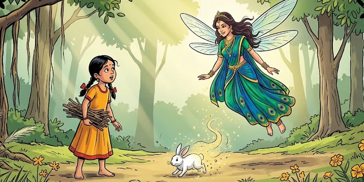 Tara meeting the fairy who appears from the rabbit in the sal forest — Amar Chitra Katha style cover for The Story of a Kind Hearted Little Girl Named Tara